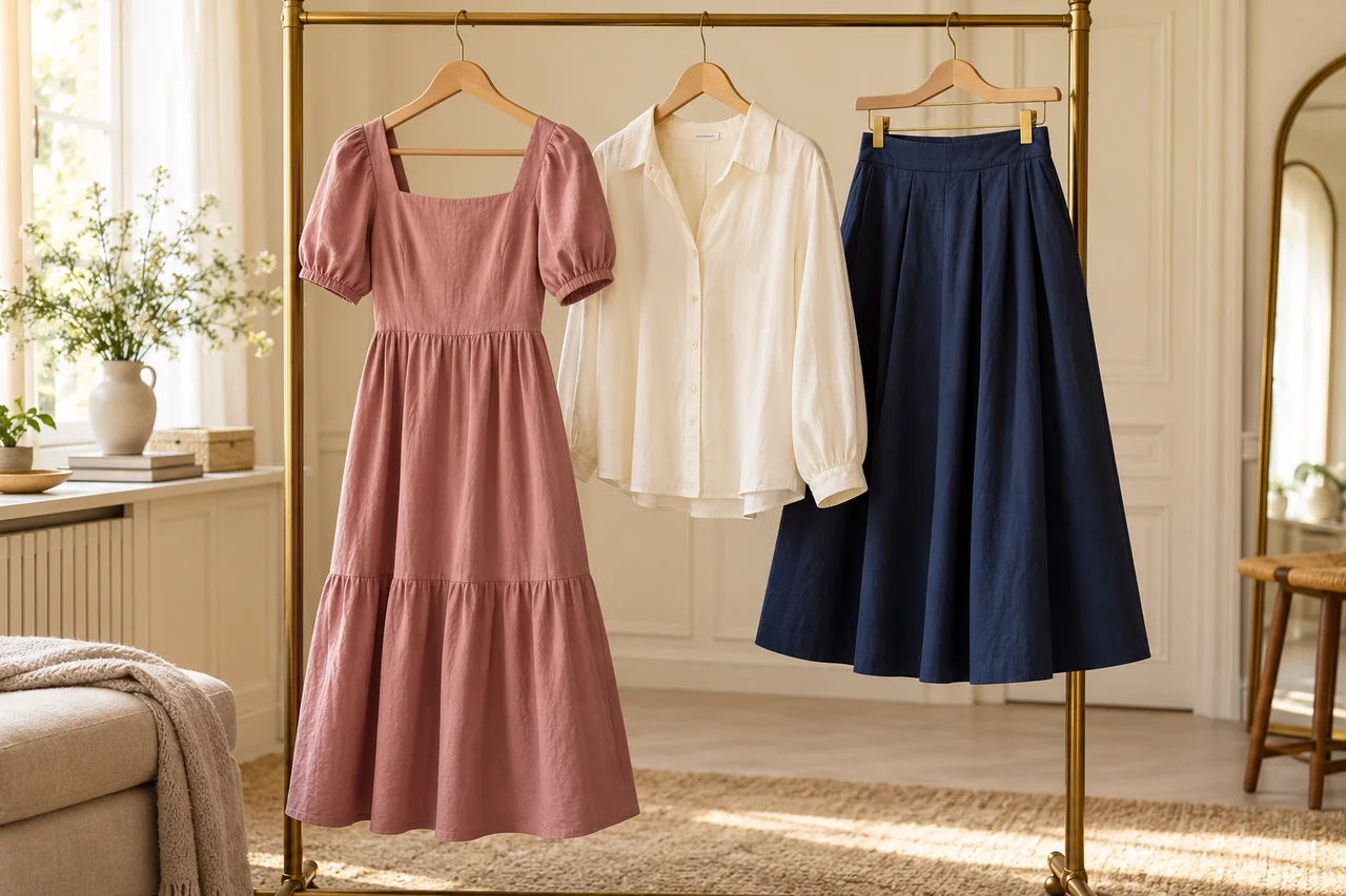 A rose dress, cream blouse and navy skirt hanging neatly